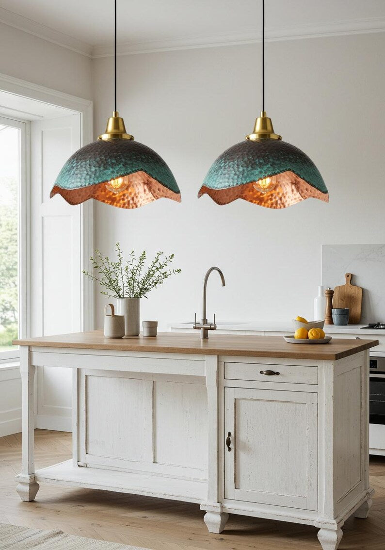 Green Patina Wavy Copper Pendant Light – Handmade Hammered Kitchen Island Ceiling Lamp