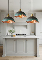 Green Patina Wavy Copper Pendant Light – Handmade Hammered Kitchen Island Ceiling Lamp