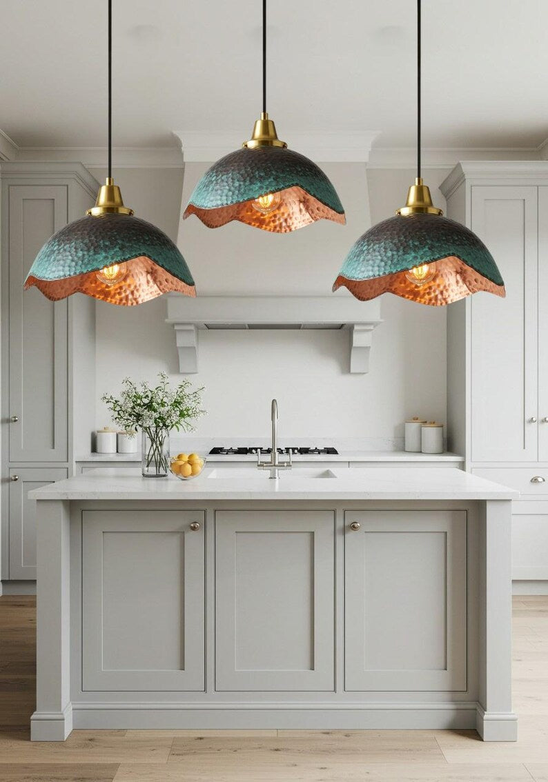 Green Patina Wavy Copper Pendant Light – Handmade Hammered Kitchen Island Ceiling Lamp