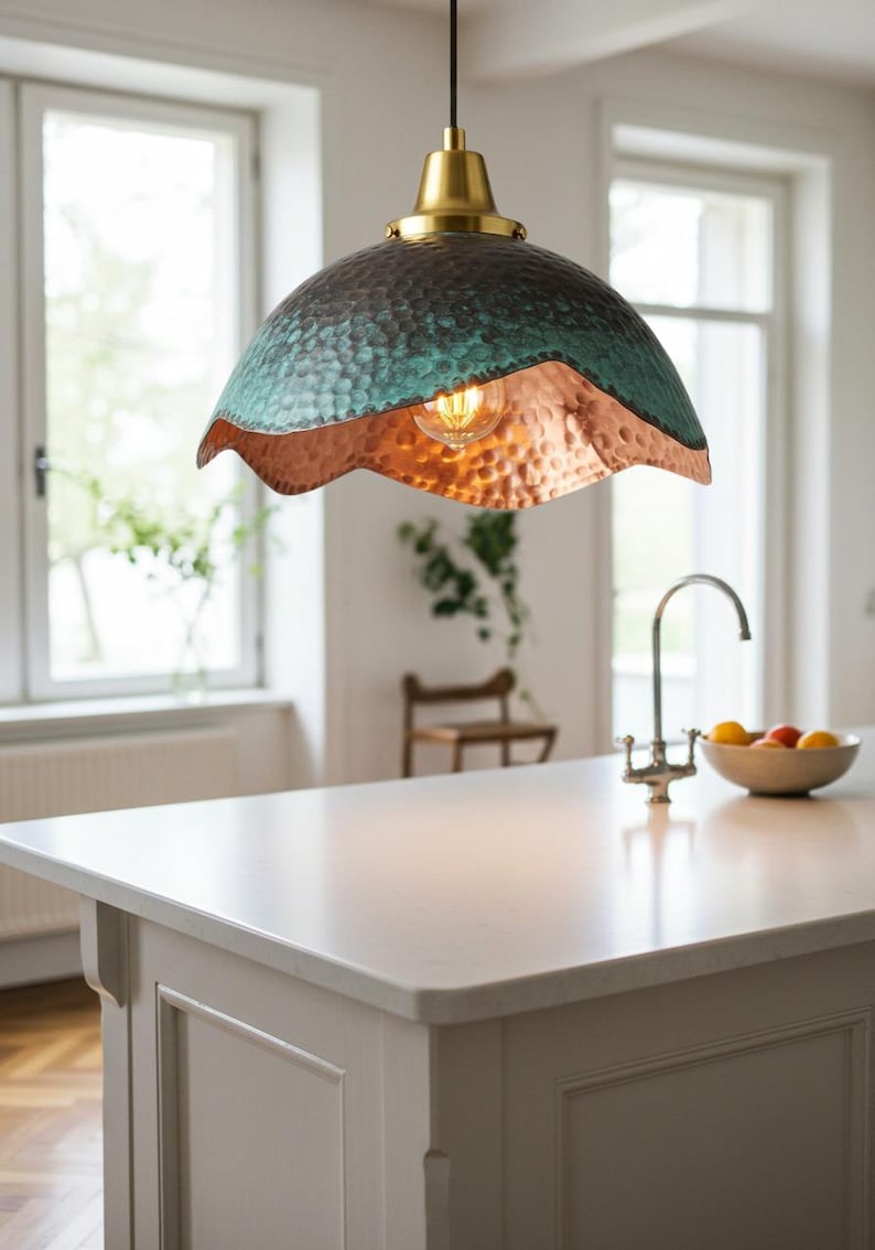 Green Patina Wavy Copper Pendant Light – Handmade Hammered Kitchen Island Ceiling Lamp