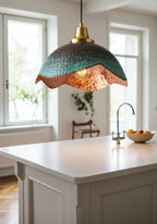 Green Patina Wavy Copper Pendant Light – Handmade Hammered Kitchen Island Ceiling Lamp