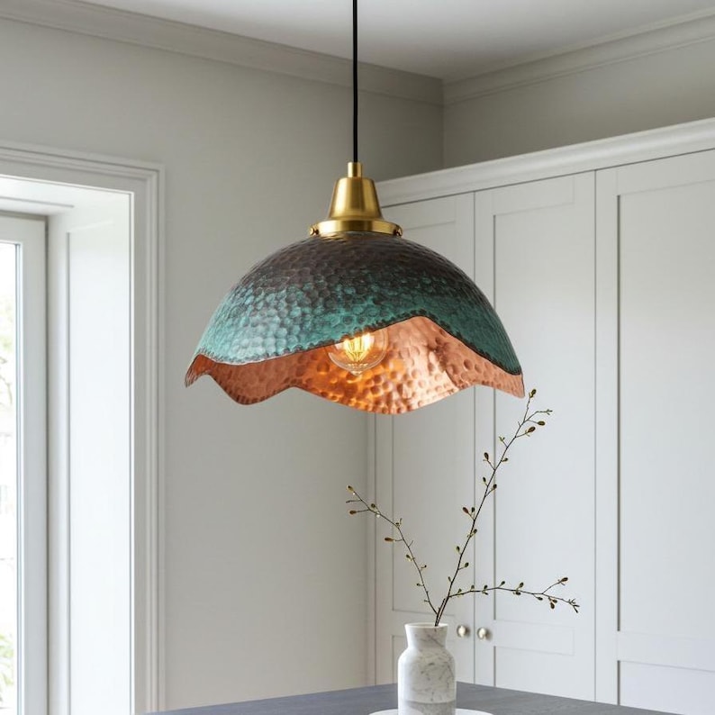 Green Patina Wavy Copper Pendant Light – Handmade Hammered Kitchen Island Ceiling Lamp