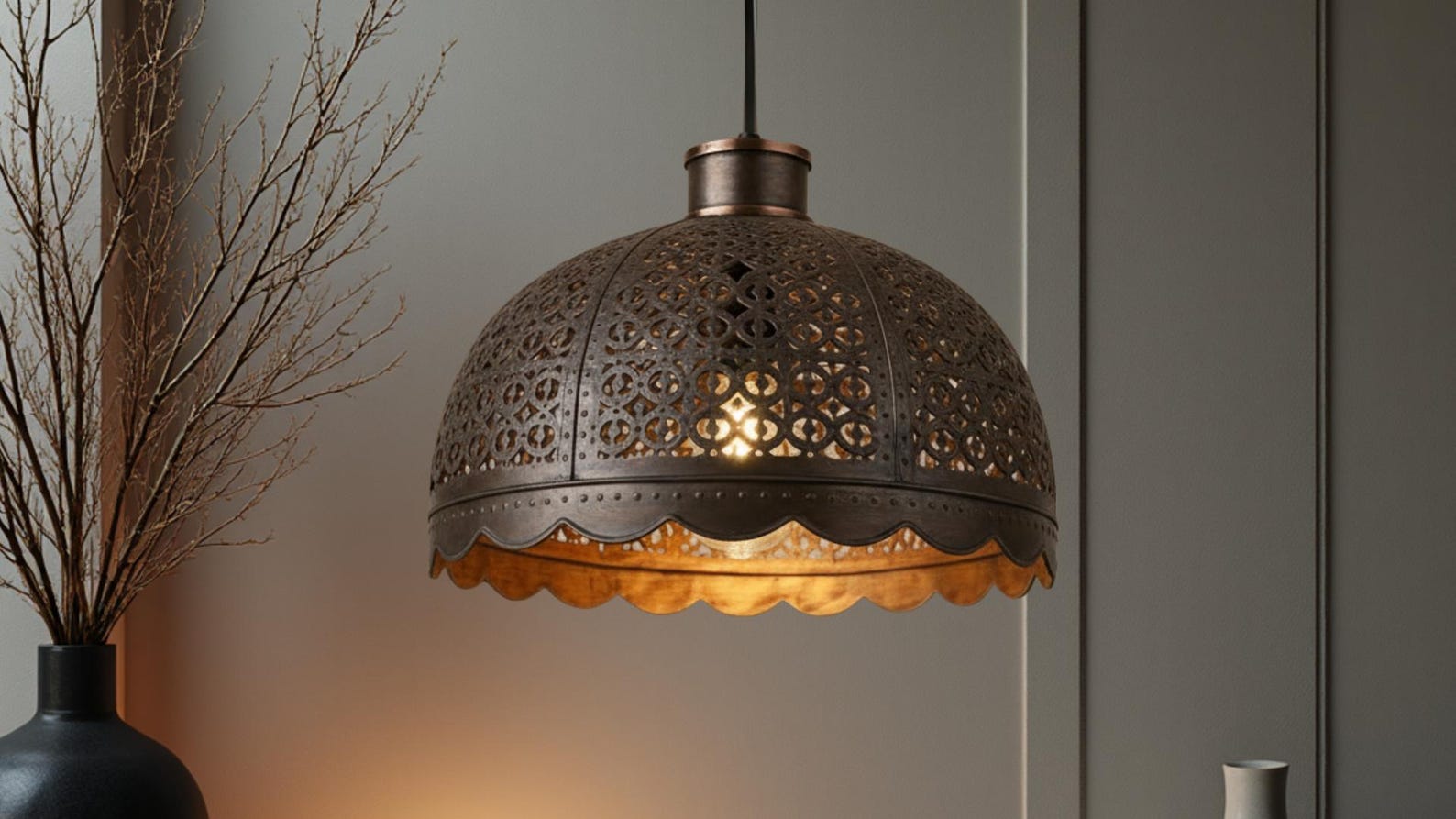 Handmade Moroccan Brass Pendant Light – Antique Dome Hanging Lamp with Scalloped Edge