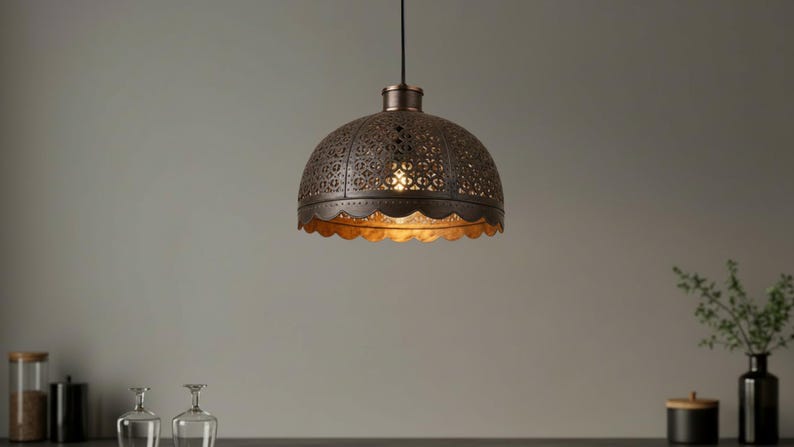 Handmade Moroccan Brass Pendant Light – Antique Dome Hanging Lamp with Scalloped Edge