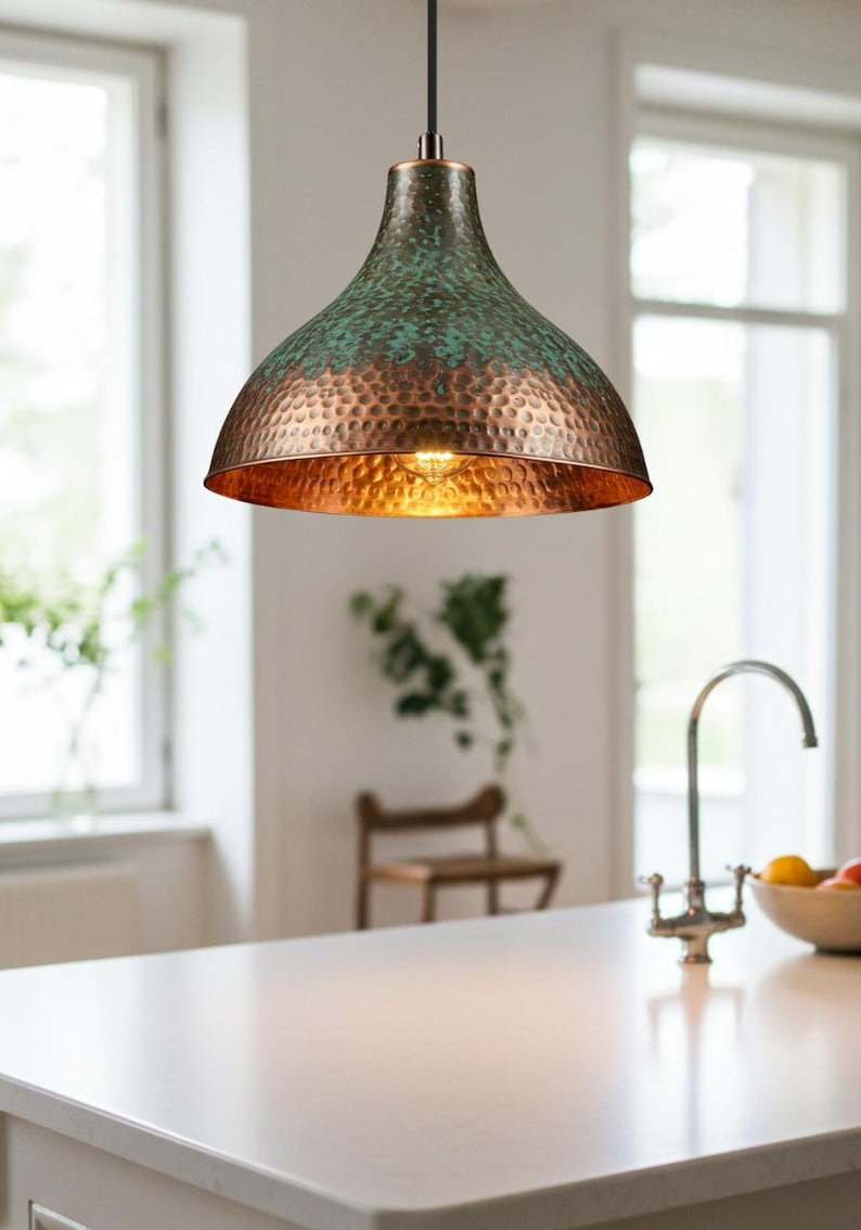 Set of 2 Green Patina Hammered Copper Pendant Lights – Handmade Kitchen Island Ceiling Lamps