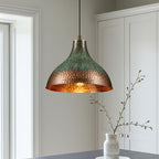 Set of 2 Green Patina Hammered Copper Pendant Lights – Handmade Kitchen Island Ceiling Lamps