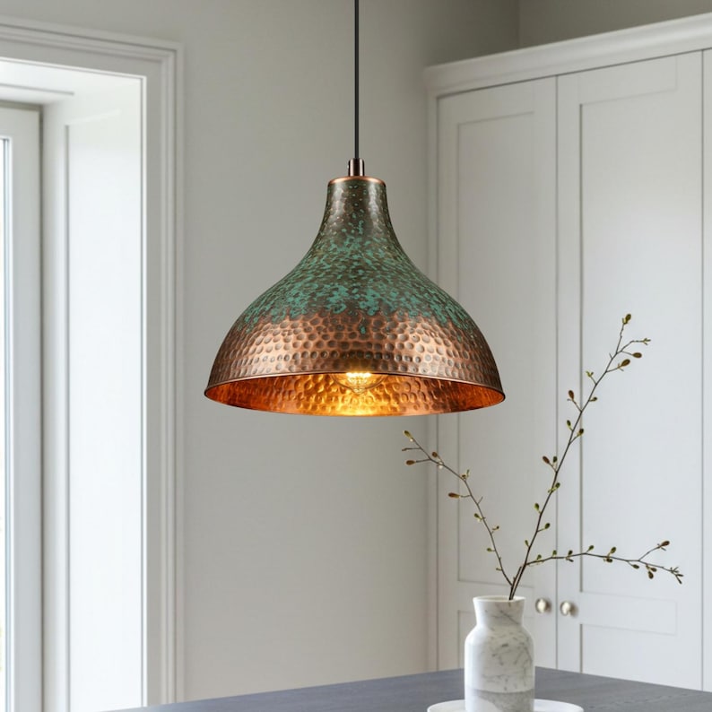 Set of 2 Green Patina Hammered Copper Pendant Lights – Handmade Kitchen Island Ceiling Lamps