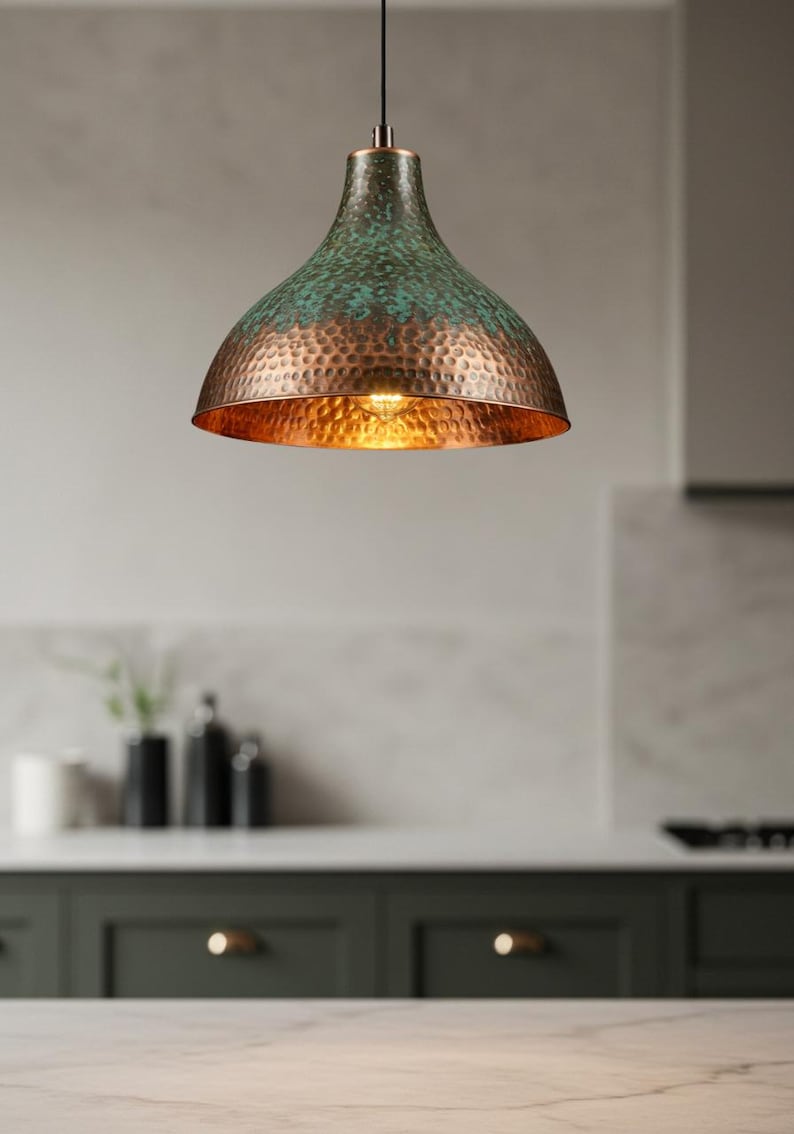Set of 2 Green Patina Hammered Copper Pendant Lights – Handmade Kitchen Island Ceiling Lamps