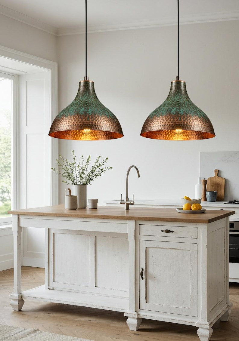 Set of 2 Green Patina Hammered Copper Pendant Lights – Handmade Kitchen Island Ceiling Lamps