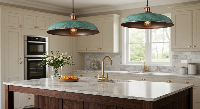 Green Patina Copper Disc Pendant Light – Handmade Rustic Ceiling Lamp for Kitchen Island and Dining Room