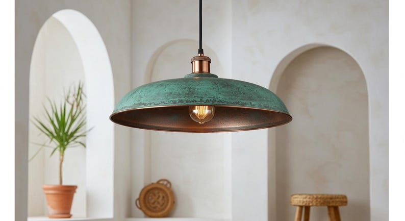 Green Patina Copper Disc Pendant Light – Handmade Rustic Ceiling Lamp for Kitchen Island and Dining Room