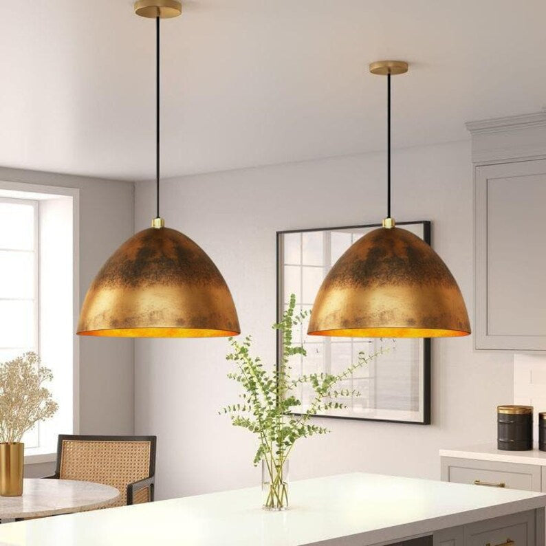 Aged Brass Dome Pendant Light – Handmade Rustic Metal Ceiling Lamp for Kitchen Island and Dining Room