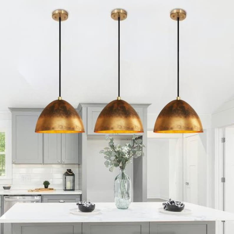 Aged Brass Dome Pendant Light – Handmade Rustic Metal Ceiling Lamp for Kitchen Island and Dining Room