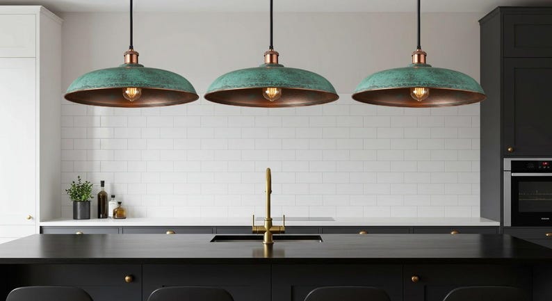 Green Patina Copper Disc Pendant Light – Handmade Rustic Ceiling Lamp for Kitchen Island and Dining Room