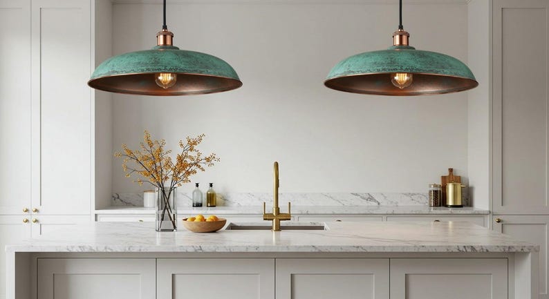 Green Patina Copper Disc Pendant Light – Handmade Rustic Ceiling Lamp for Kitchen Island and Dining Room
