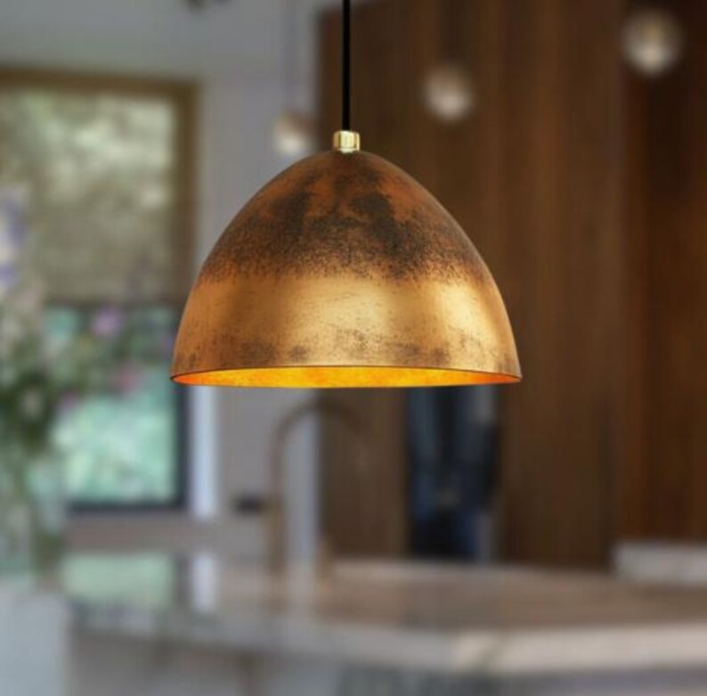 Aged Brass Dome Pendant Light – Handmade Rustic Metal Ceiling Lamp for Kitchen Island and Dining Room