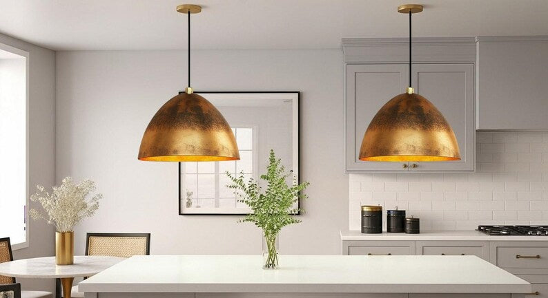 Aged Brass Dome Pendant Light – Handmade Rustic Metal Ceiling Lamp for Kitchen Island and Dining Room