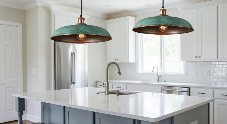 Green Patina Copper Disc Pendant Light – Handmade Rustic Ceiling Lamp for Kitchen Island and Dining Room