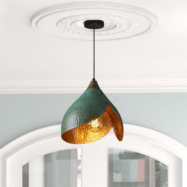 Handmade Oxidized Copper Green Patina Pendant Light