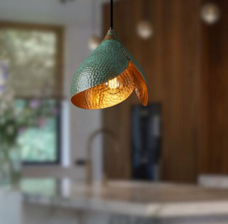 Handmade Oxidized Copper Green Patina Pendant Light