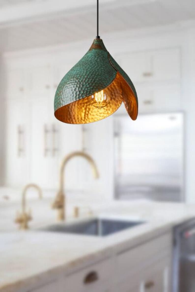 Handmade Oxidized Copper Green Patina Pendant Light
