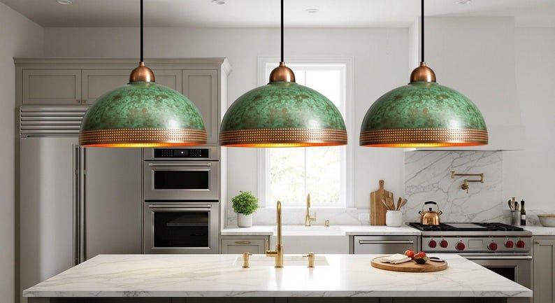 Handcrafted Copper Pendant Lamp Green Patina Lighting