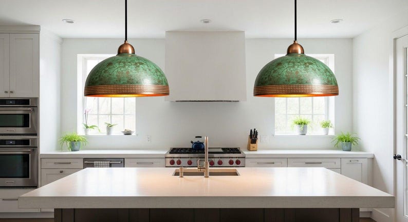 Handcrafted Copper Pendant Lamp Green Patina Lighting