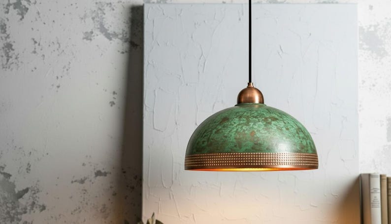 Handcrafted Copper Pendant Lamp Green Patina Lighting