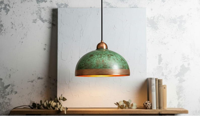 Handcrafted Copper Pendant Lamp Green Patina Lighting